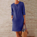 Cotton Linen Button-Front Shift Dress with Pockets