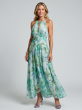 Portia | Pleated Crepe Floral Halter Midi Dress