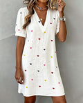 Steinunn - Colorful Dress With Heart Print And V-Neck