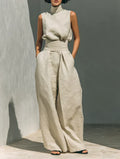 Flor | Minimalist set of tank top and wide-leg pants in cotton and linen for women