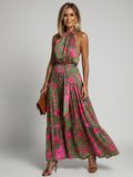 Draped Rose Midi Dress with Halter Neckline