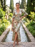 Ana | Green Satin Asymmetric V-Neck Maxi Dress