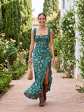 Retro Boho Maxi Dress with Puff Sleeves and Slit