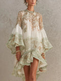 Green Print Ruffle Hem Flounce Sleeve Chiffon Mini Dress