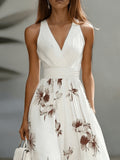 Backless Ruched Floral Patchwork Flared Maxi Dress