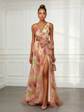 Abstract Print V-Neck Tie-Waist Maxi Dress