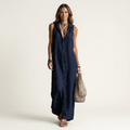 Valentina | Hooded Button-front Sleeveless Linen Maxi Dress