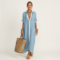 Isolde | Contrast-collar Button-front Short-sleeve Maxi Shirt Dress