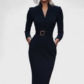 Mandarin | Refined black dress with belt and mandarin collar