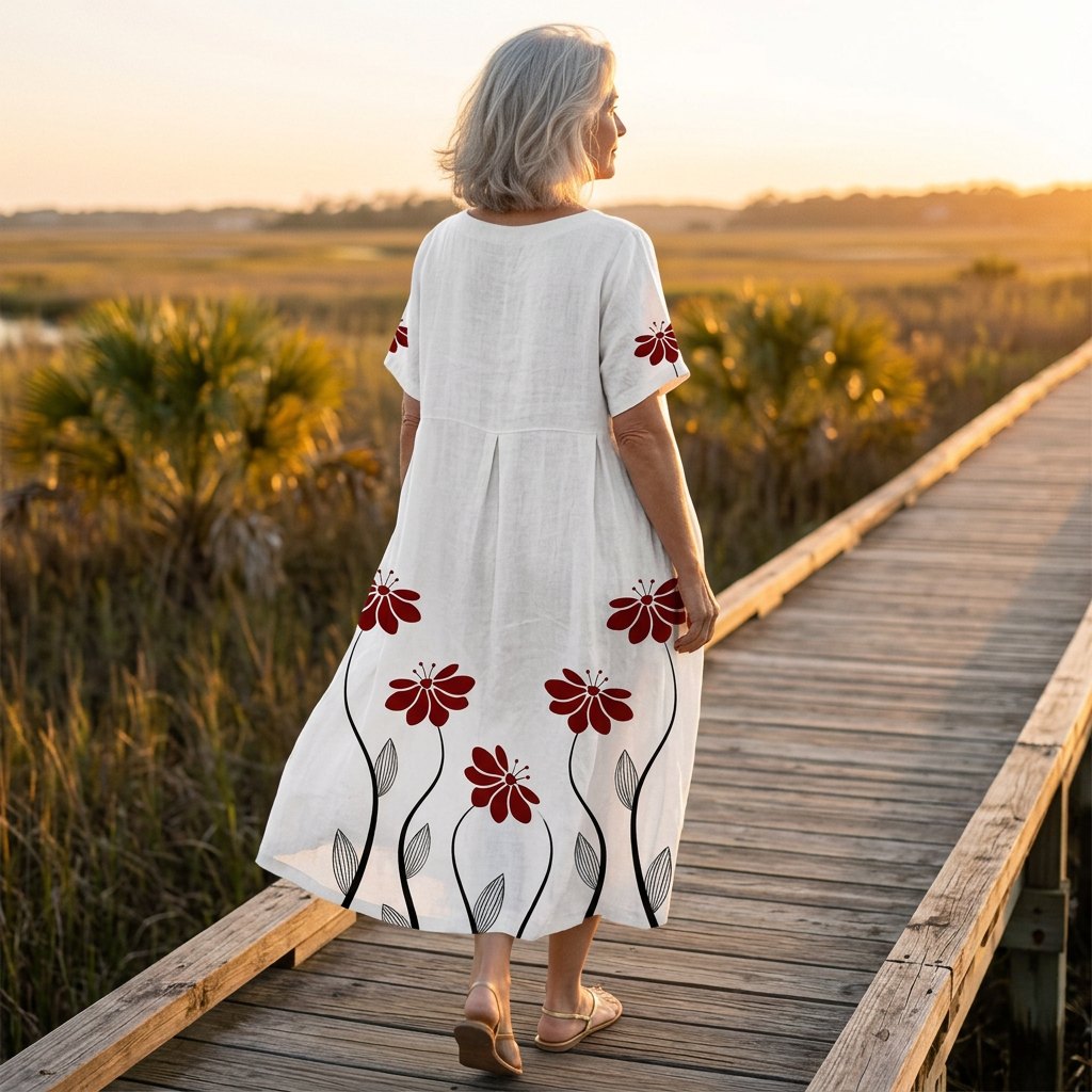 Woman wearing the Matilda dress in white with red flowers