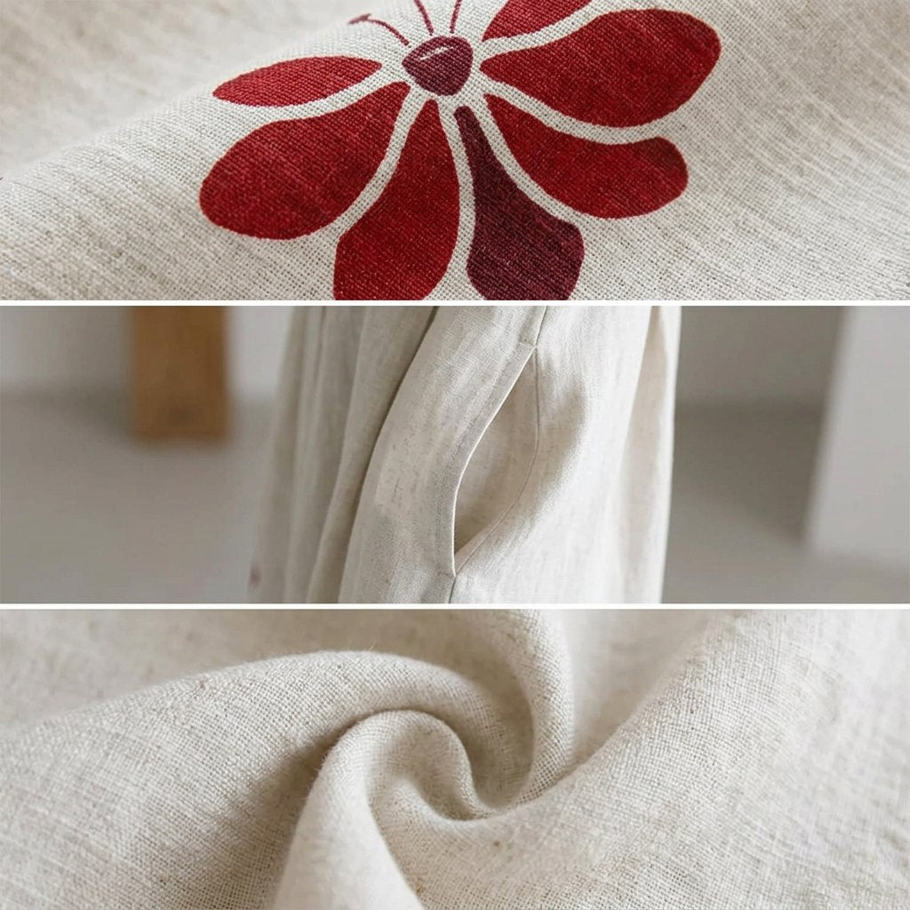 Close-up of the Matilda's floral print, pocket and linen fabric